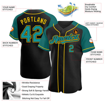 Custom Black Teal-Yellow Authentic Raglan Sleeves Baseball Jersey - Sky-Custom