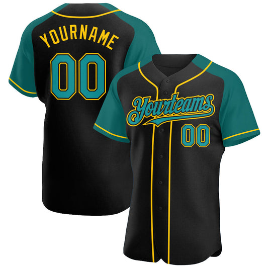 Custom Black Teal-Yellow Authentic Raglan Sleeves Baseball Jersey - Sky-Custom