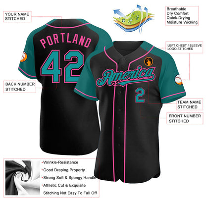 Custom Black Teal-Pink Authentic Raglan Sleeves Baseball Jersey - Sky-Custom