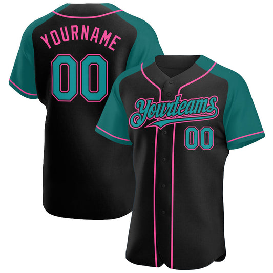 Custom Black Teal-Pink Authentic Raglan Sleeves Baseball Jersey - Sky-Custom