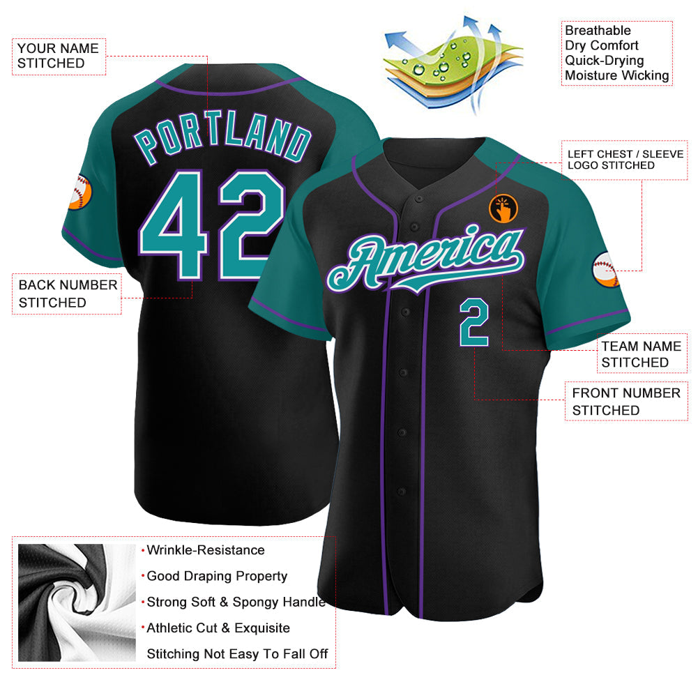 Custom Black Teal-Purple Authentic Raglan Sleeves Baseball Jersey - Sky-Custom