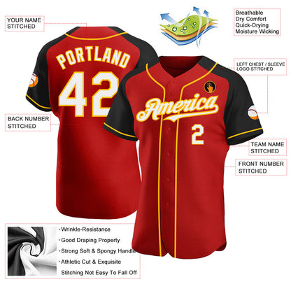 Custom Red White Black-Gold Authentic Raglan Sleeves Baseball Jersey - Sky-Custom