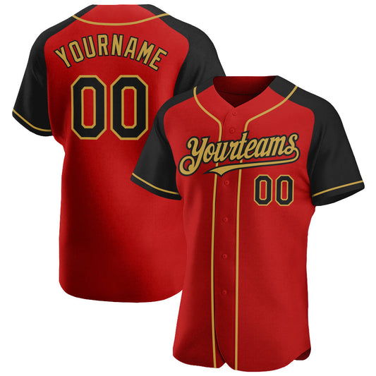 Custom Red Black-Old Gold Authentic Raglan Sleeves Baseball Jersey - Sky-Custom