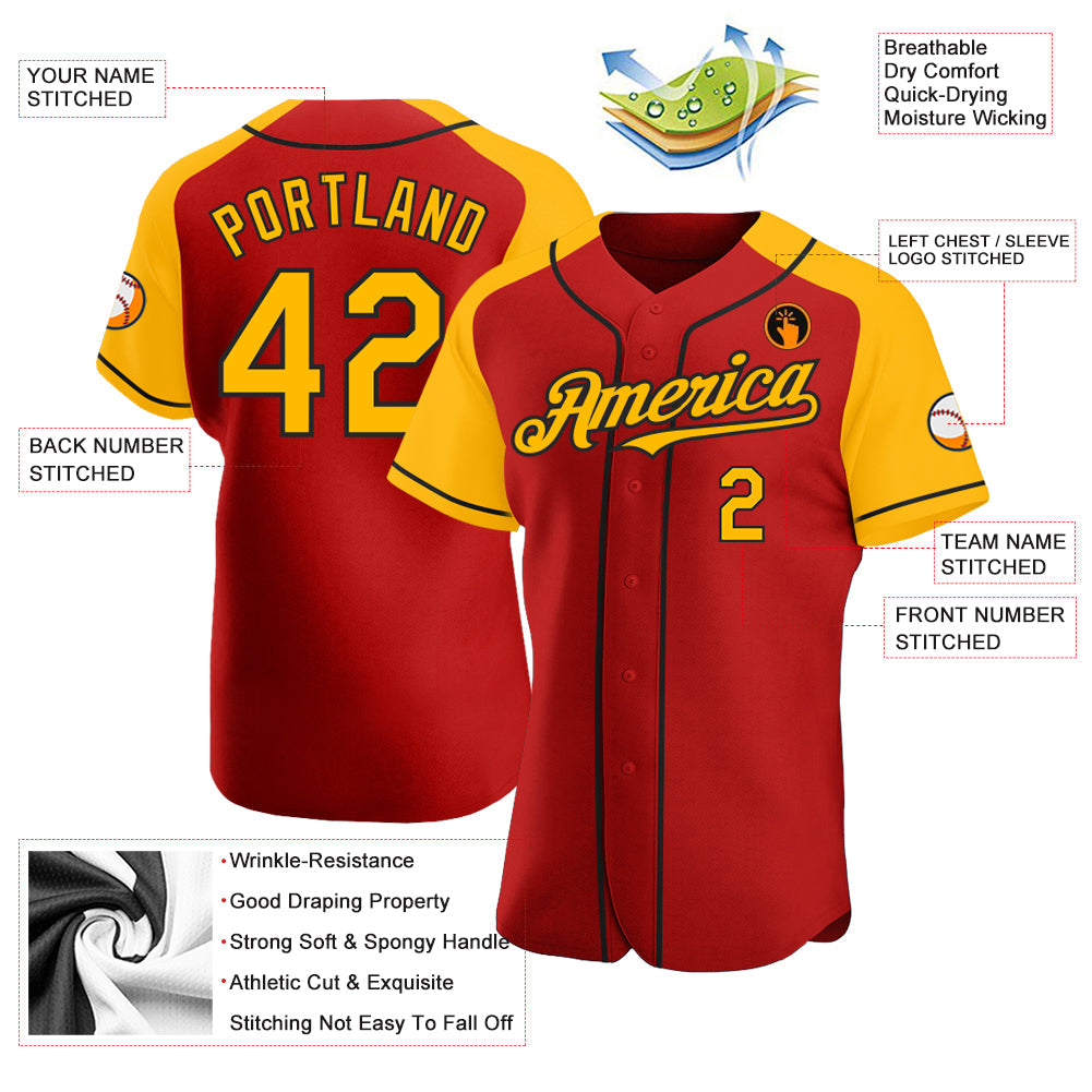Custom Red Gold-Black Authentic Raglan Sleeves Baseball Jersey - Sky-Custom