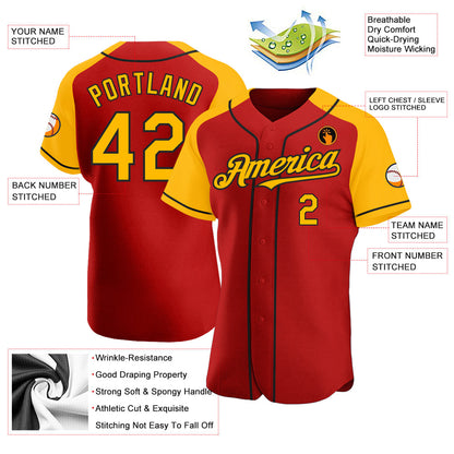 Custom Red Gold-Black Authentic Raglan Sleeves Baseball Jersey - Sky-Custom