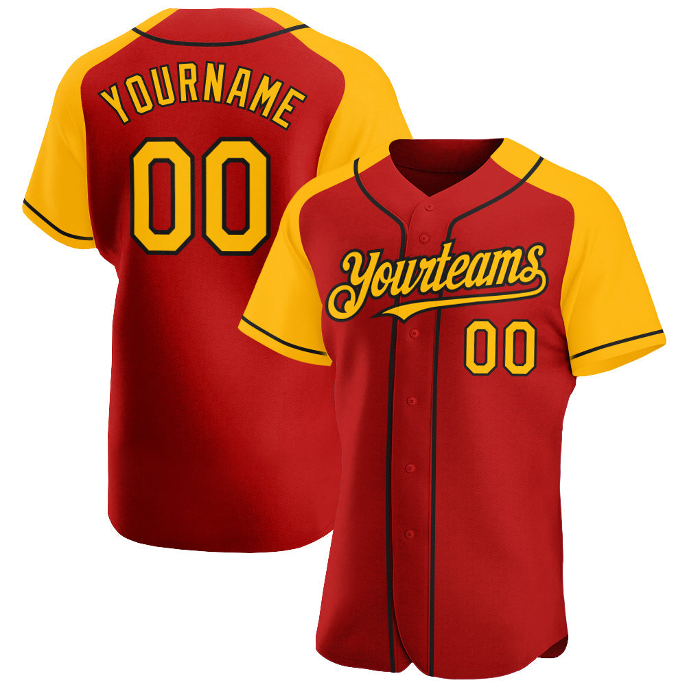 Custom Red Gold-Black Authentic Raglan Sleeves Baseball Jersey - Sky-Custom