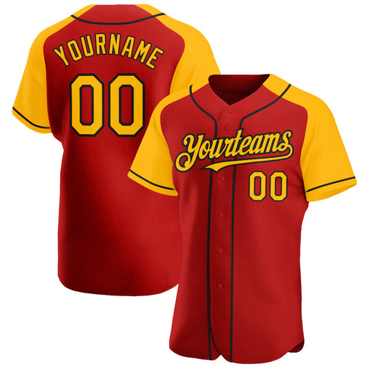 Custom Red Gold-Black Authentic Raglan Sleeves Baseball Jersey - Sky-Custom