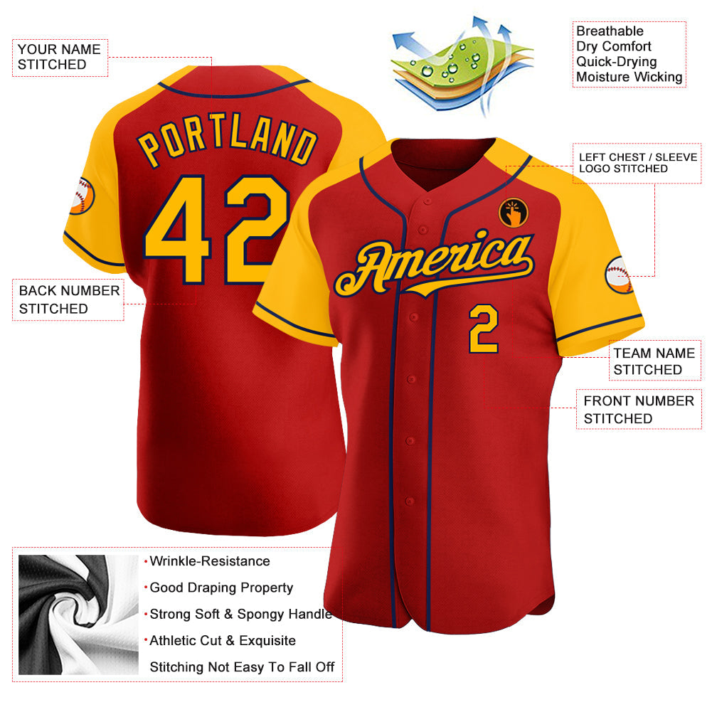 Custom Red Gold-Navy Authentic Raglan Sleeves Baseball Jersey - Sky-Custom