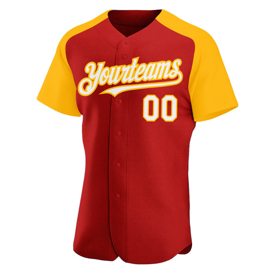 Custom Red White-Gold Authentic Raglan Sleeves Baseball Jersey - Sky-Custom