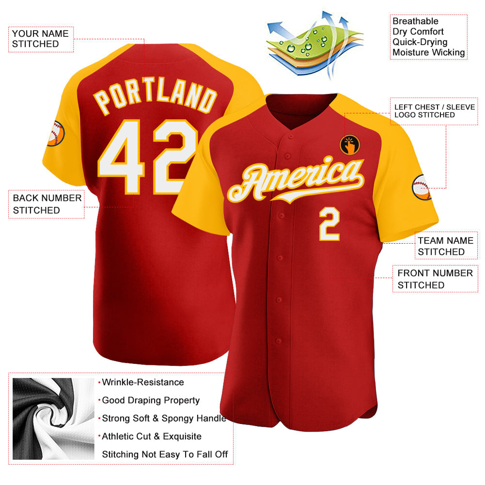 Custom Red White-Gold Authentic Raglan Sleeves Baseball Jersey - Sky-Custom