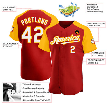 Custom Red White-Gold Authentic Raglan Sleeves Baseball Jersey - Sky-Custom