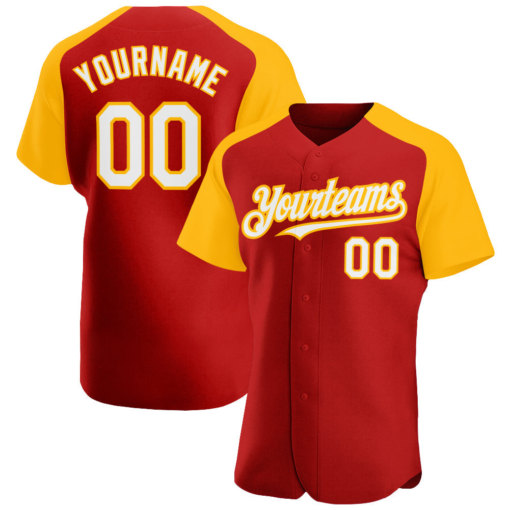 Custom Red White-Gold Authentic Raglan Sleeves Baseball Jersey - Sky-Custom