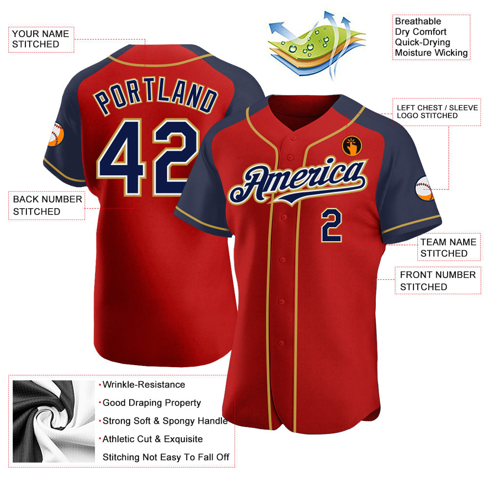Custom Red Navy-Old Gold Authentic Raglan Sleeves Baseball Jersey - Sky-Custom