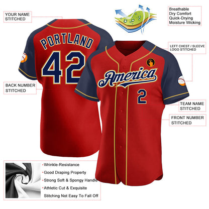 Custom Red Navy-Old Gold Authentic Raglan Sleeves Baseball Jersey - Sky-Custom