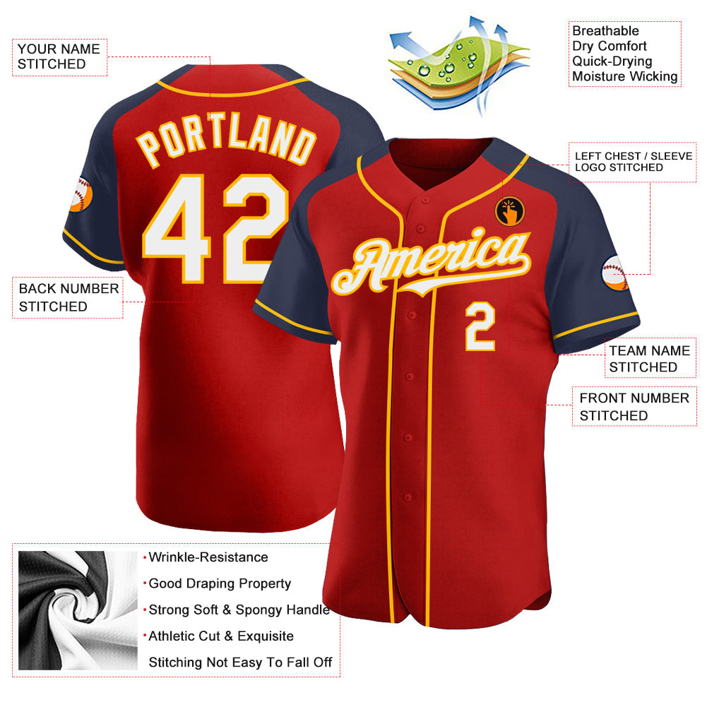 Custom Red White Navy-Gold Authentic Raglan Sleeves Baseball Jersey - Sky-Custom