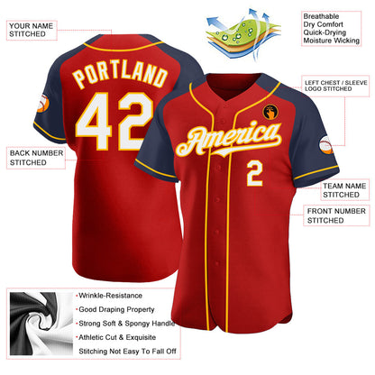 Custom Red White Navy-Gold Authentic Raglan Sleeves Baseball Jersey - Sky-Custom