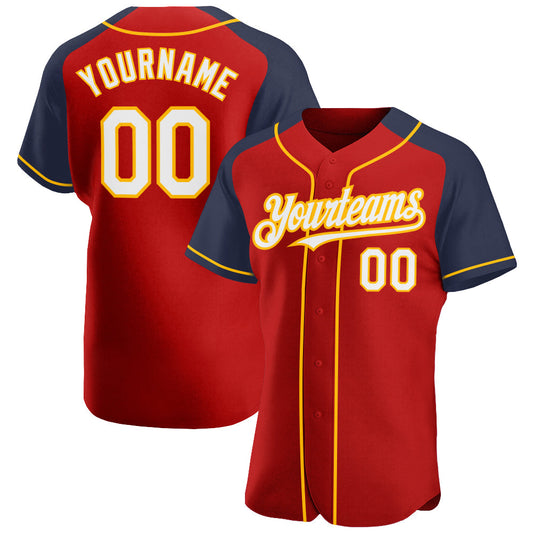 Custom Red White Navy-Gold Authentic Raglan Sleeves Baseball Jersey - Sky-Custom