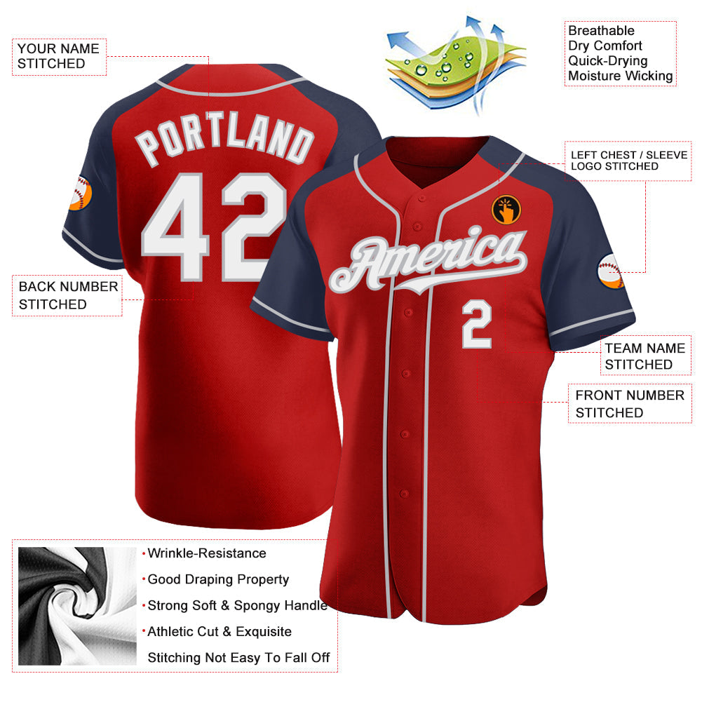 Custom Red White Navy-Gray Authentic Raglan Sleeves Baseball Jersey - Sky-Custom