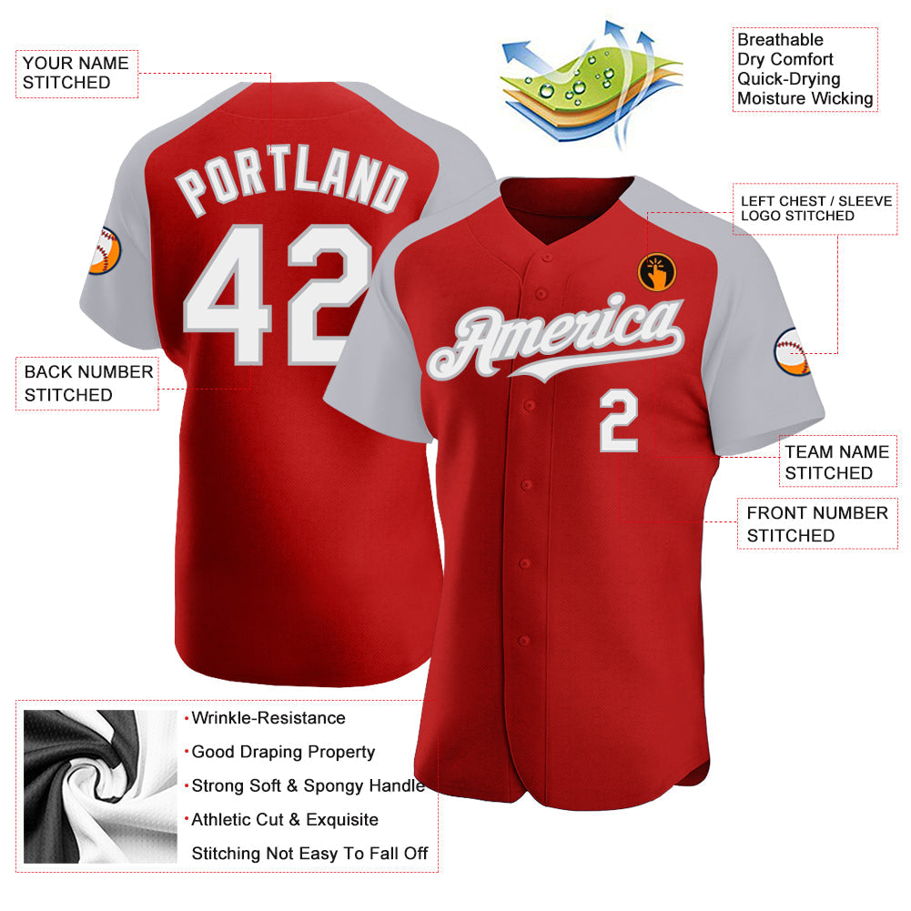 Custom Red White-Gray Authentic Raglan Sleeves Baseball Jersey - Sky-Custom