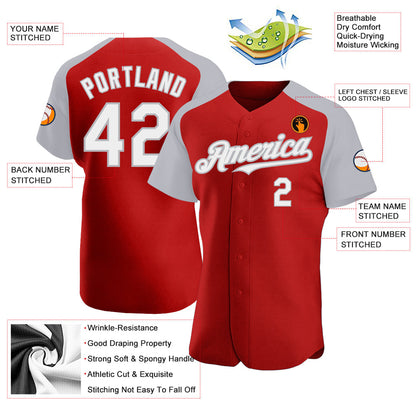 Custom Red White-Gray Authentic Raglan Sleeves Baseball Jersey - Sky-Custom