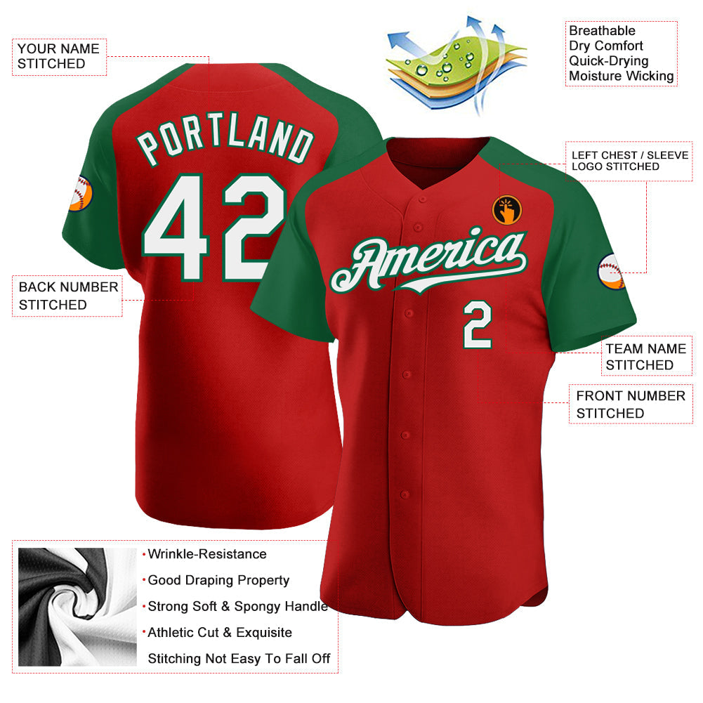 Custom Red White-Kelly Green Authentic Raglan Sleeves Baseball Jersey - Sky-Custom