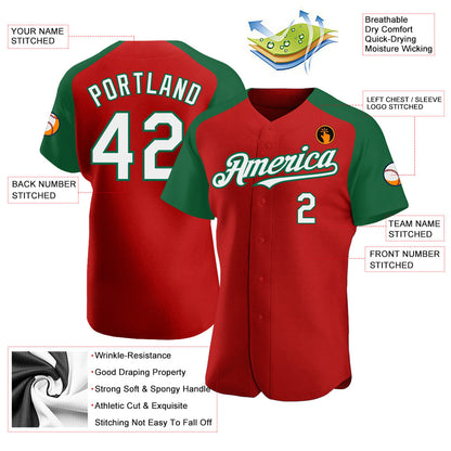 Custom Red White-Kelly Green Authentic Raglan Sleeves Baseball Jersey - Sky-Custom