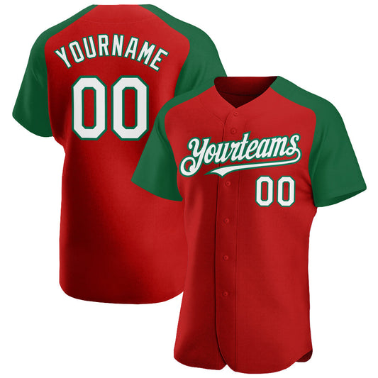 Custom Red White-Kelly Green Authentic Raglan Sleeves Baseball Jersey - Sky-Custom