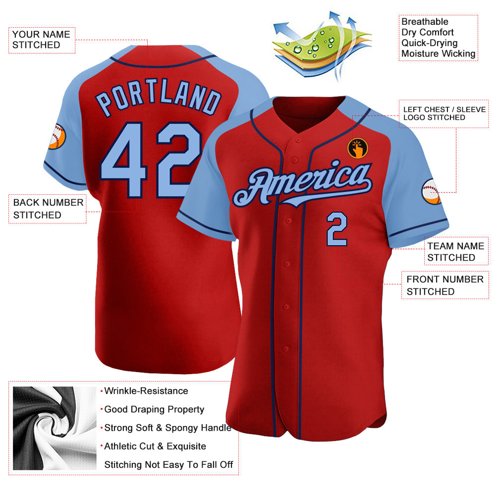 Custom Red Light Blue-Navy Authentic Raglan Sleeves Baseball Jersey - Sky-Custom