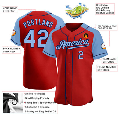 Custom Red Light Blue-Navy Authentic Raglan Sleeves Baseball Jersey - Sky-Custom