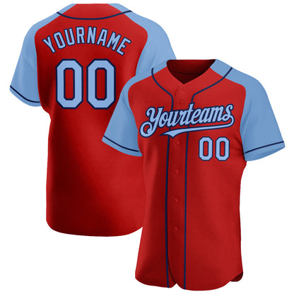 Custom Red Light Blue-Navy Authentic Raglan Sleeves Baseball Jersey - Sky-Custom