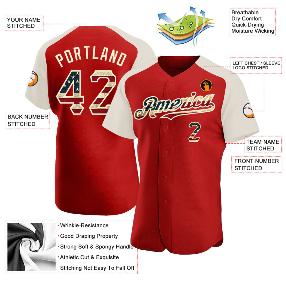 Custom Red Vintage USA Flag-Cream Authentic Raglan Sleeves Baseball Jersey - Sky-Custom