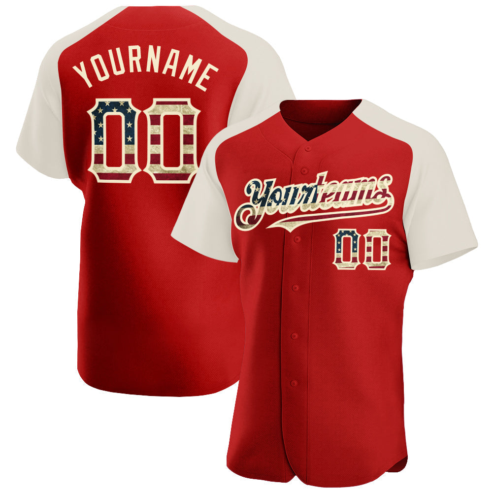 Custom Red Vintage USA Flag-Cream Authentic Raglan Sleeves Baseball Jersey - Sky-Custom
