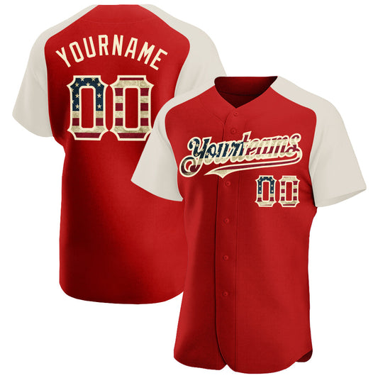 Custom Red Vintage USA Flag-Cream Authentic Raglan Sleeves Baseball Jersey - Sky-Custom