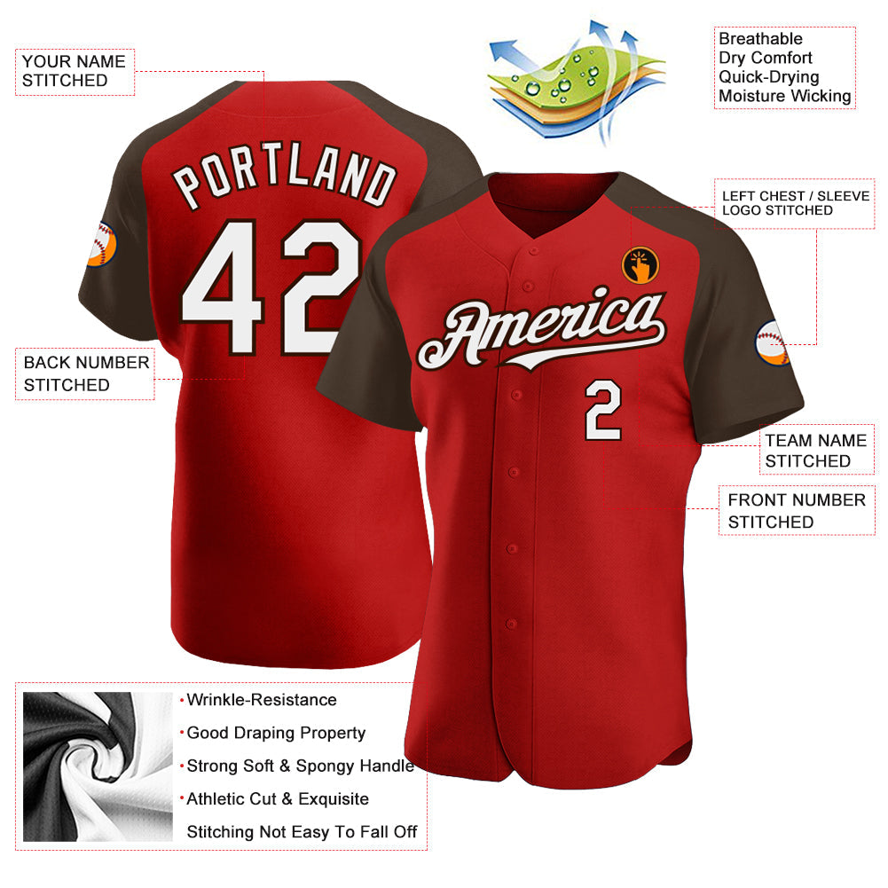 Custom Red White-Brown Authentic Raglan Sleeves Baseball Jersey - Sky-Custom