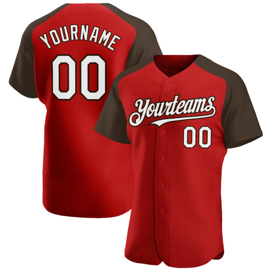 Custom Red White-Brown Authentic Raglan Sleeves Baseball Jersey - Sky-Custom