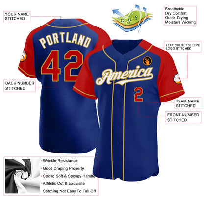 Custom Royal Red-Old Gold Authentic Raglan Sleeves Baseball Jersey - Sky-Custom