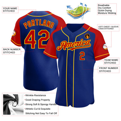 Custom Royal Red-Yellow Authentic Raglan Sleeves Baseball Jersey - Sky-Custom
