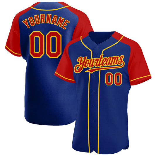 Custom Royal Red-Yellow Authentic Raglan Sleeves Baseball Jersey - Sky-Custom