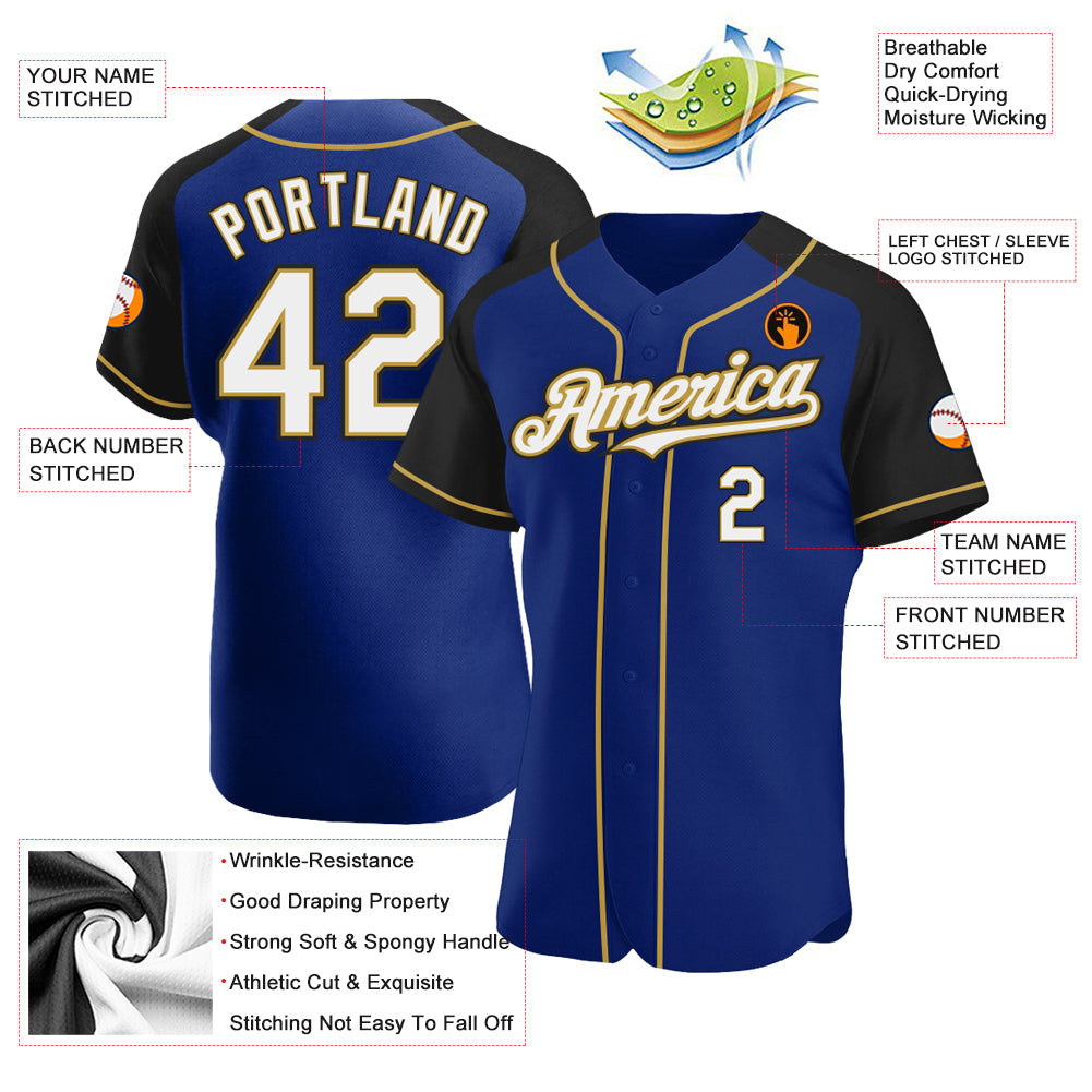 Custom Royal White Black-Old Gold Authentic Raglan Sleeves Baseball Jersey - Sky-Custom