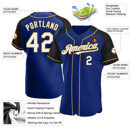 Custom Royal White Black-Old Gold Authentic Raglan Sleeves Baseball Jersey - Sky-Custom