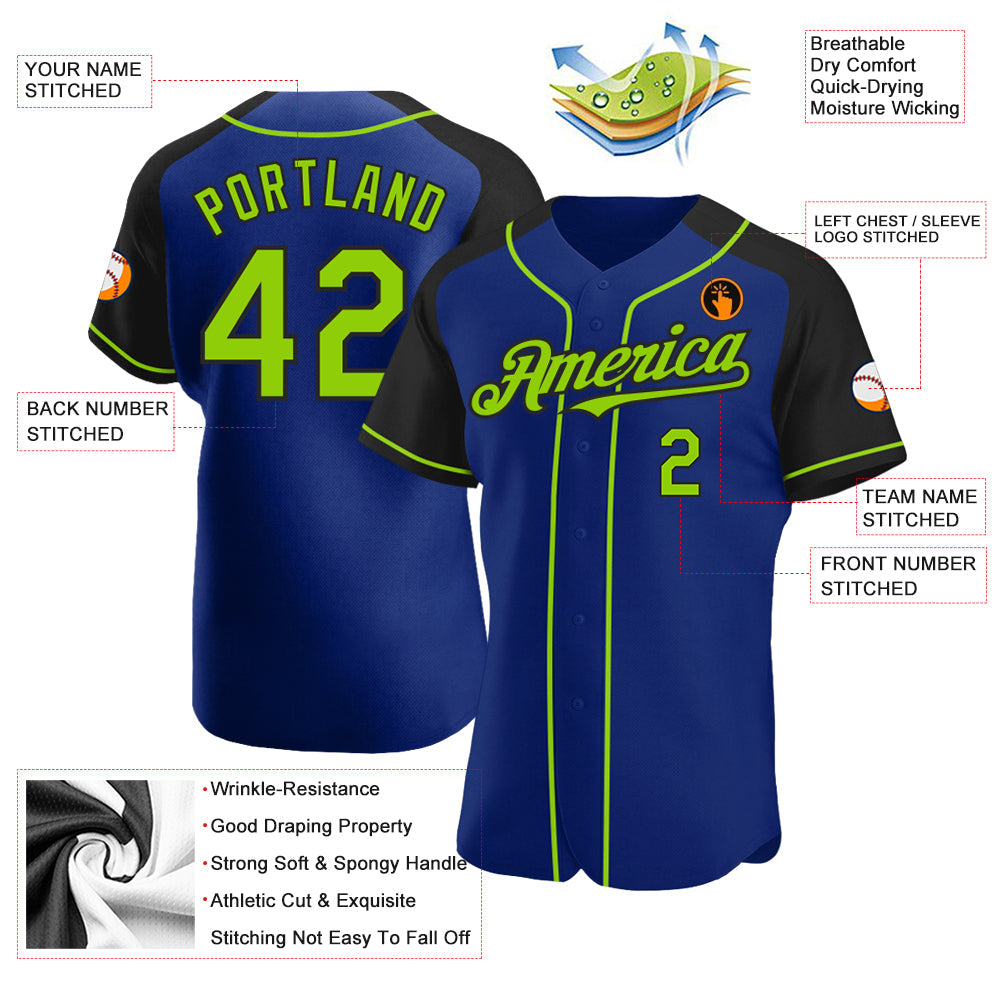 Custom Royal Neon Green-Black Authentic Raglan Sleeves Baseball Jersey - Sky-Custom