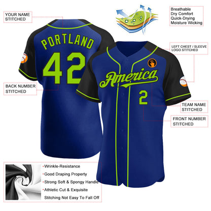 Custom Royal Neon Green-Black Authentic Raglan Sleeves Baseball Jersey - Sky-Custom