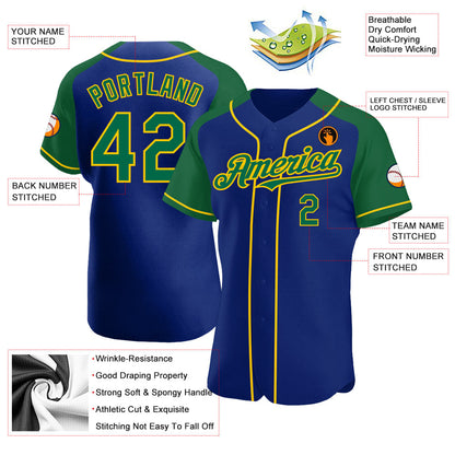 Custom Royal Kelly Green-Yellow Authentic Raglan Sleeves Baseball Jersey - Sky-Custom