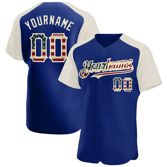Custom Royal Vintage USA Flag-Cream Authentic Raglan Sleeves Baseball Jersey - Sky-Custom