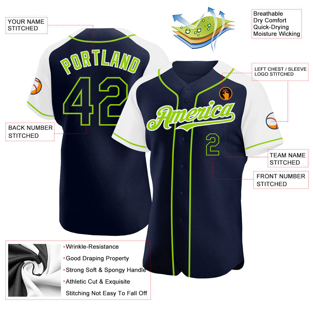 Custom Navy White-Neon Green Authentic Raglan Sleeves Baseball Jersey - Sky-Custom