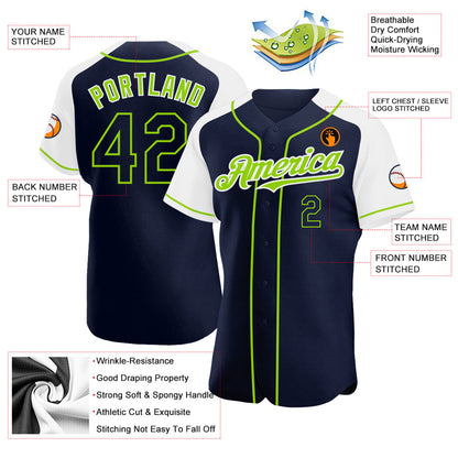 Custom Navy White-Neon Green Authentic Raglan Sleeves Baseball Jersey - Sky-Custom