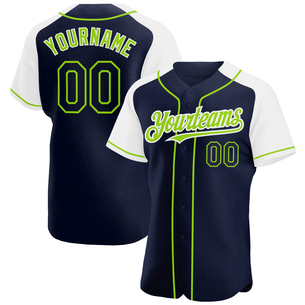 Custom Navy White-Neon Green Authentic Raglan Sleeves Baseball Jersey - Sky-Custom