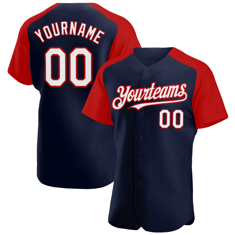 Custom Navy White-Red Authentic Raglan Sleeves Baseball Jersey - Sky-Custom