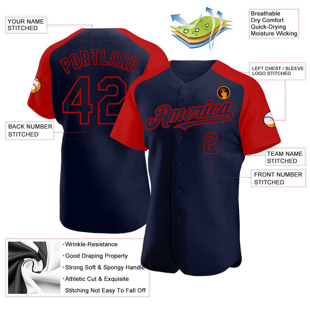 Custom Navy Red Authentic Raglan Sleeves Baseball Jersey - Sky-Custom