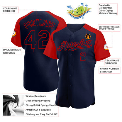 Custom Navy Red Authentic Raglan Sleeves Baseball Jersey - Sky-Custom